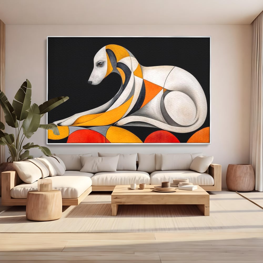 Tablou canvas cu tablou canvas cu caine stilizat in forme geometrice, in rama de aluminiu argintiu, pe perete intr-un living